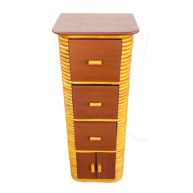 1970s Restored Paul Frankl Style Stacked Rattan & Mahogany Cabinet W/ Drawers For Sale - Image 4 of 10