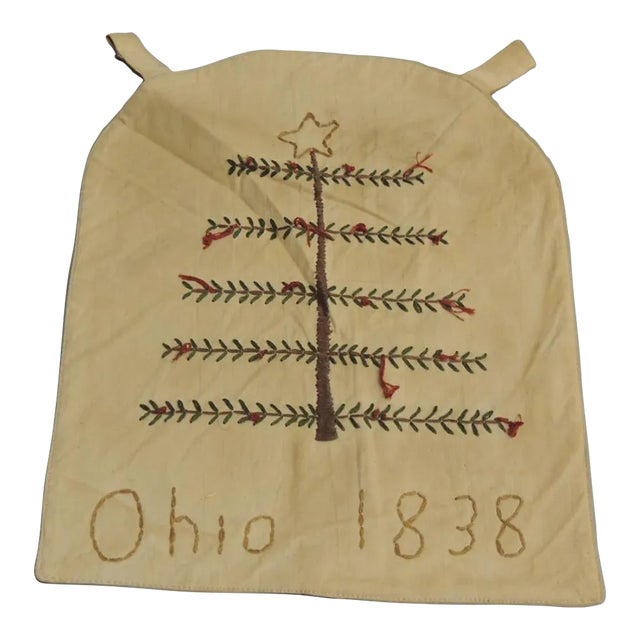 Antique Green and Red Hand Embroidery Primitive Sampler For Sale