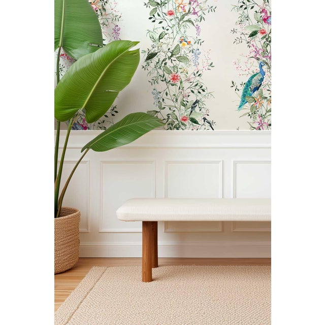 White Mahjong Floral Stripe Grasscloth Wallpaper by House Party | Soap White | 8 Yards For Sale - Image 8 of 8