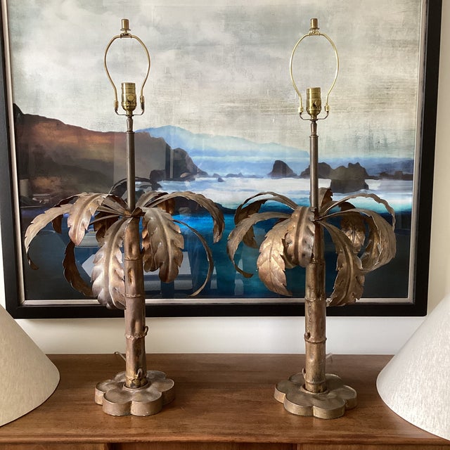 Fully Restored | New Hardware | New Shades A striking and sculptural pair of palm tree table lamps attributed to Neirman...