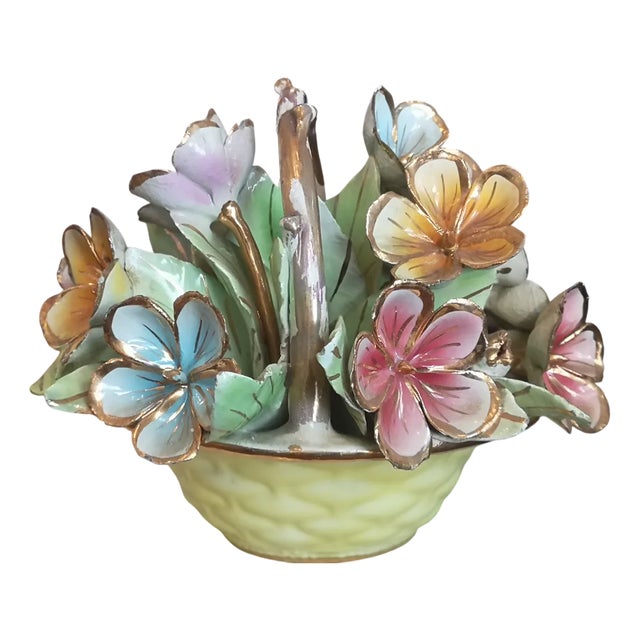 Porcelain Flowers Bouquet Flower Basket, 1960s For Sale