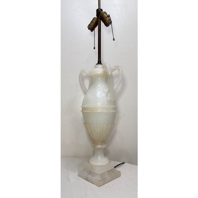 Alabaster Antique Italian Hand Carved Alabaster Marble Stone Urn Style Electric Table Lamp For Sale - Image 8 of 14