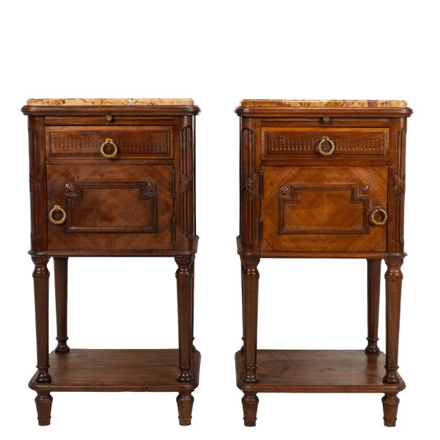 Wood Antique French Louis XVI Style Marble Top Ceramic Lined Nightstands - A Pair For Sale - Image 7 of 18