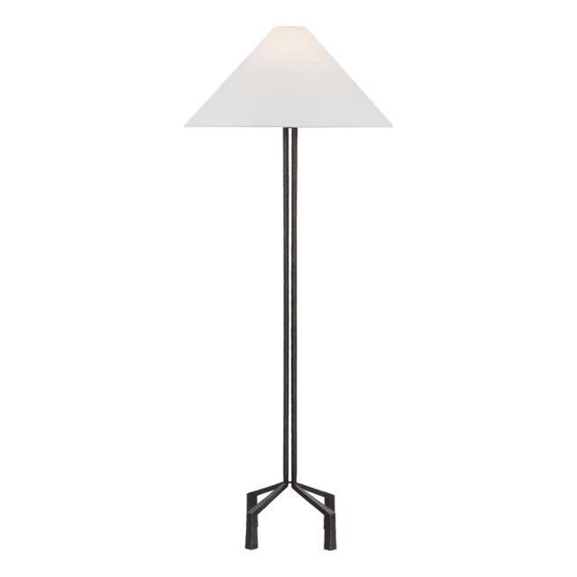 Marie Flanigan by Visual Comfort Signature Clifford Large Forged Floor Lamp in Aged Iron with Linen Shade For Sale