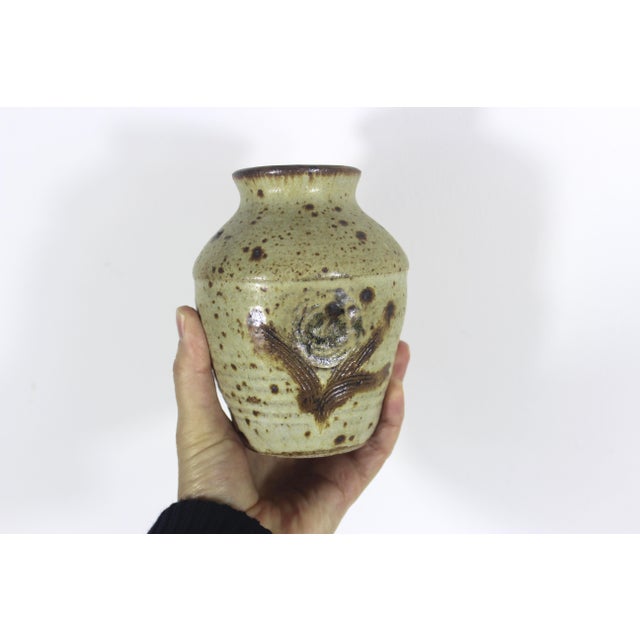 Mid-Century Modern Vintage Speckled Studio Pottery Stoneware Vase Signed For Sale - Image 3 of 10