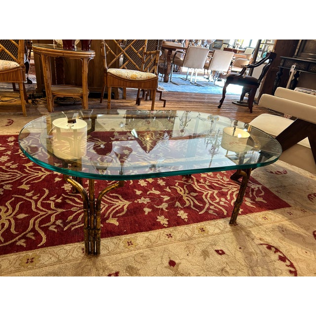 Elegant Oval Gilded Iron and Thick Glass Coffee Table For Sale In Philadelphia - Image 6 of 9