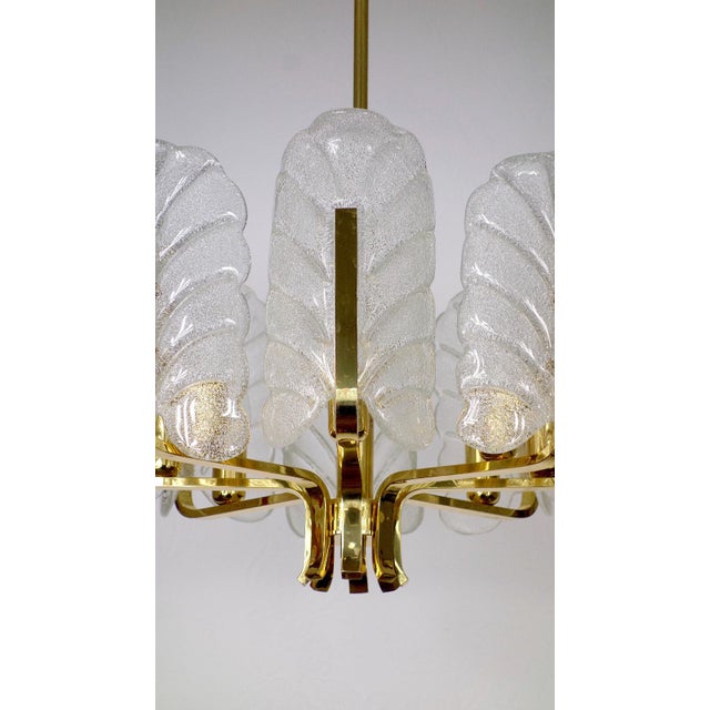 Scandinavian Brass and Ice Glass 8-Light Chandelier by Carl Fagerlund for JSB, 1960s For Sale - Image 4 of 12