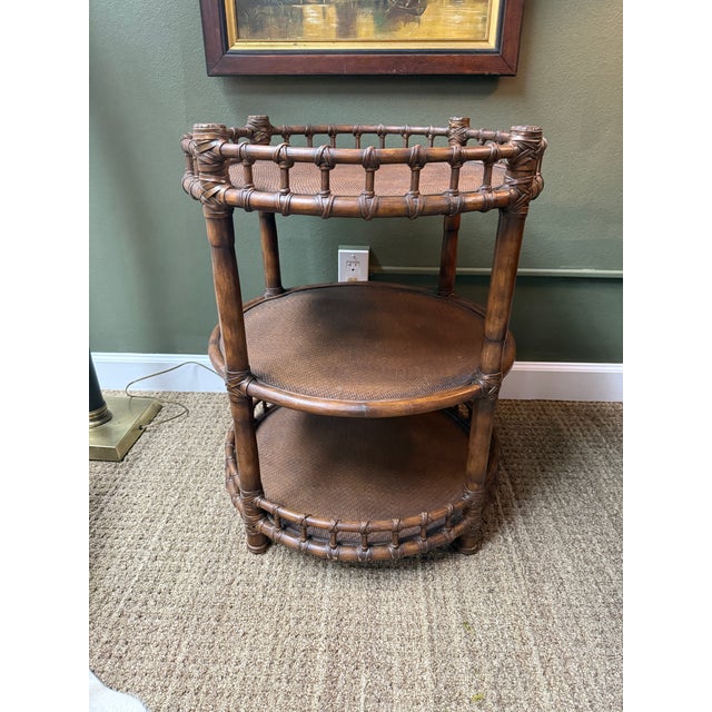 Transitional Vintage Rattan Three Tiered Round Side Table or Bar Cart in the Style of McGuire, 1980’s For Sale - Image 3 of 9