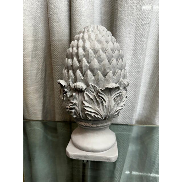 Vintage architectural item, opaque gray finish pine cone shaped decorative object, for garden indoor/ outdoor covered decor.