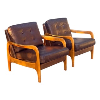 Pair of Danish Modern Leather Lounge Chairs | Sculpted Maple Frames | Brown Leather With Tufted Backs | C. 1960s For Sale