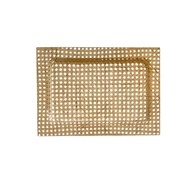 Tan Vintage 1970s French Cannage & Lucite Cocktail Bar Tray Attributed to Dior For Sale - Image 8 of 13