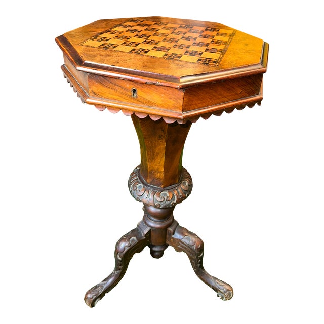 English Victorian Octagonal Game Table With Inlaid Chess/Checker Board