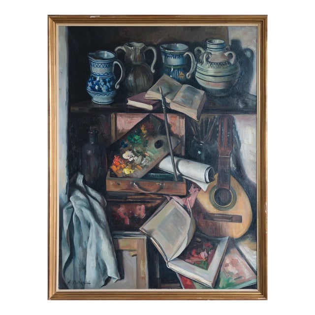 Alberto Muñoz Boquera, Still Life with Guitar and Books, 1950s, Oil on Canvas For Sale