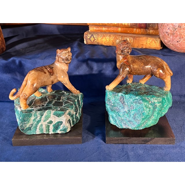 Pair of Early 20th Century Chinese Carved Marble Lions on the Faux Malachite Stone Bases For Sale - Image 9 of 14