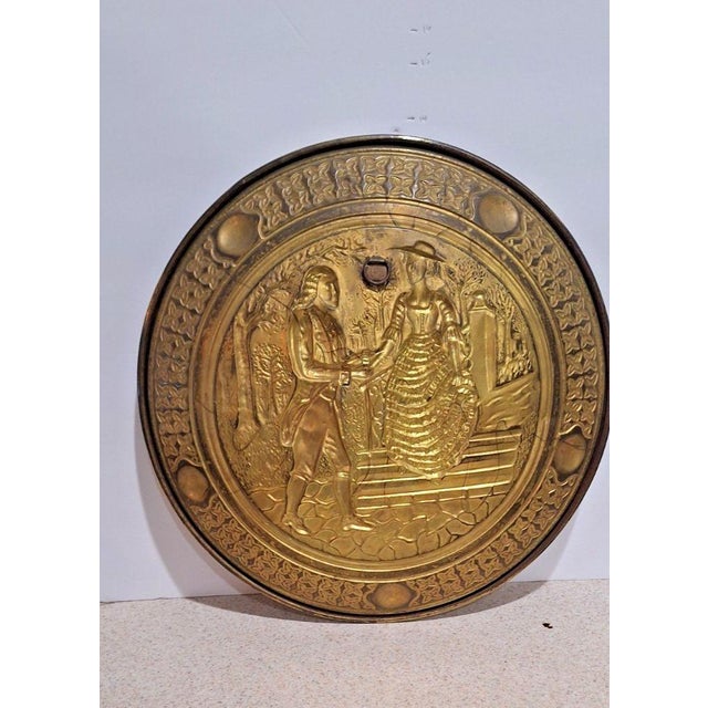 Mid 20th Century Brass Repoussé Wall Plaques, Courting Couple Scenes, Round Pair For Sale - Image 5 of 6