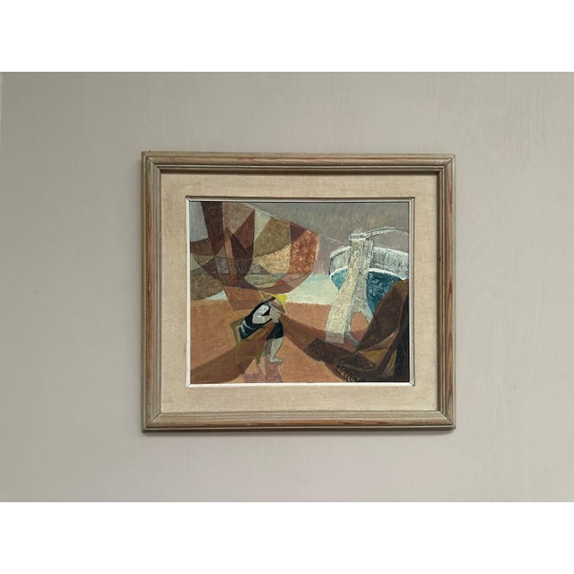 Original Vintage Scandinavian Oil on Panel – “Figure with Boats” by Nils Öst (1908–1982) – Signed – Framed – 83 × 56 cm...