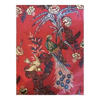 Country Miles Redd for Schumacher “Peacock” in Red Fabric - 4 1/2 Continuous Yards For Sale