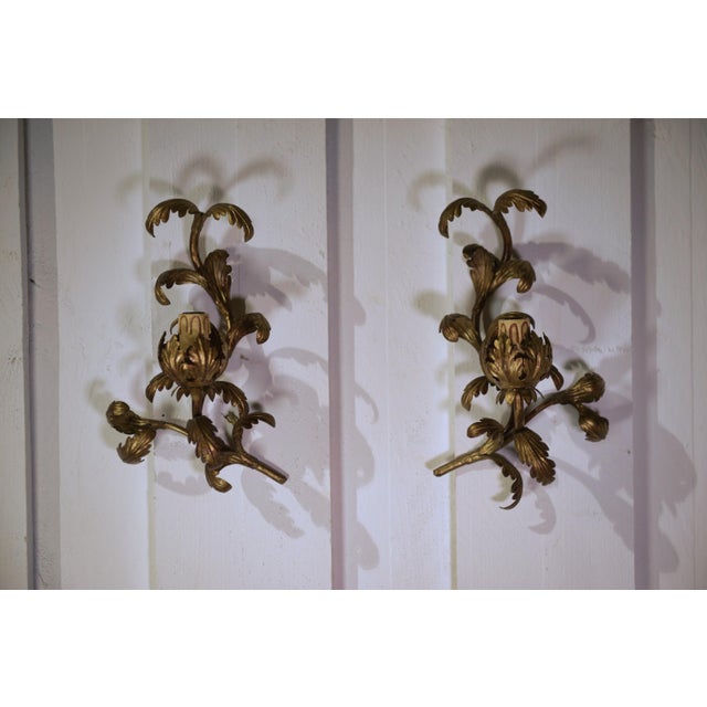 Vintage Floral Wall Sconces in Gilt Steel, 1960s, Set of 2 For Sale - Image 3 of 8
