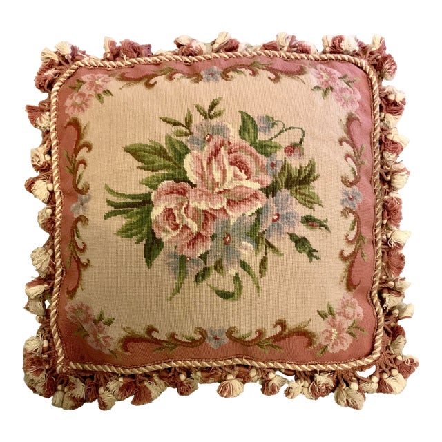 Vintage Tapestry Floral Aubusson Wool Decorative Pillow With Tassels Trim Reversible to Solid Velvet 19” X 19” For Sale