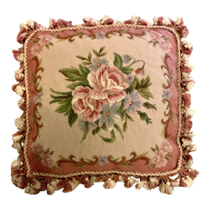 Vintage Tapestry Floral Aubusson Wool Decorative Pillow With Tassels Trim Reversible to Solid Velvet 19” X 19”