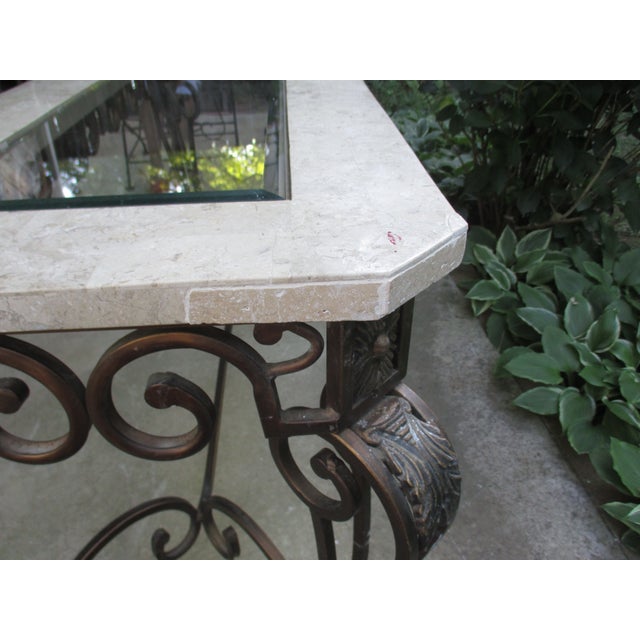 Vintage French Ornate Iron With Marble and Glass Top Console Table For Sale - Image 10 of 18