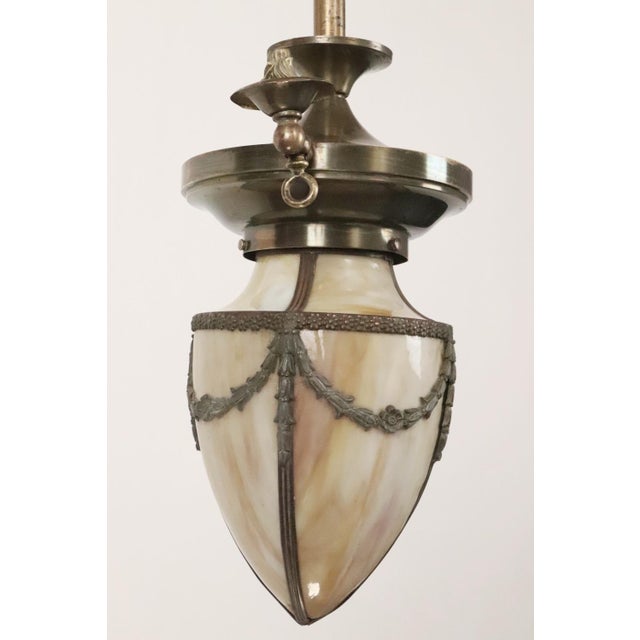 Restored 1890s Stained Glass Converted Gas Brass Pendant Light For Sale - Image 4 of 11