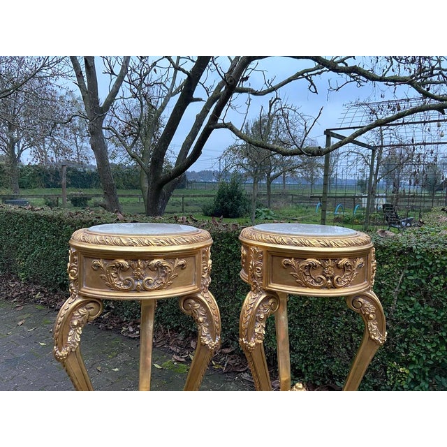 French Late20C Artisan Louis XVI Gold Beech Marble Side Tables-Pair For Sale - Image 3 of 8