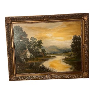 Antique River Landscape Oil Painting, Signed L. Couldwell, Ornate Gilt Frame For Sale