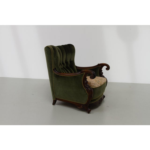 Textile Danish Carved Lounge Chair in Green Velvet, 1920s For Sale - Image 7 of 18