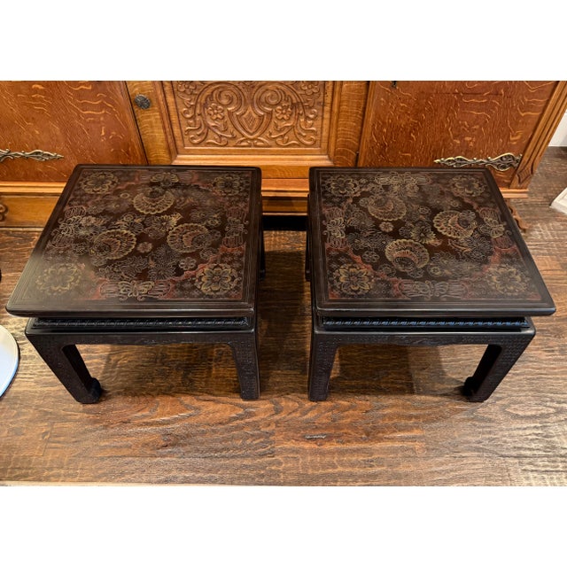 John Widdicomb 1978 John Widdicomb Asian Modern Incised Lacquer End Tables – Matching Pair For Sale - Image 4 of 12