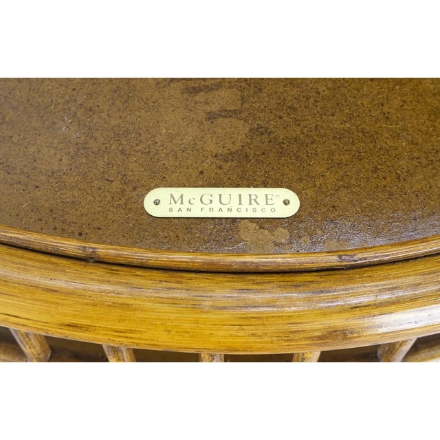 McGuire Pair of Maguire Round Reed & Cane Three Tier Gallery Top Serving Tables Stands For Sale - Image 4 of 12