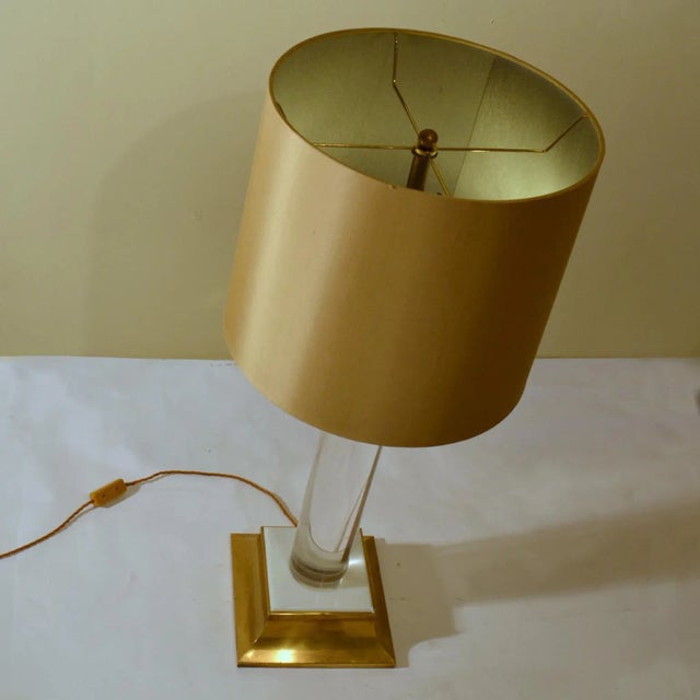 Metal Acrylic Glass and Brass Italian Table Lamp with Silk Lamp Shade, 1960s For Sale - Image 7 of 9