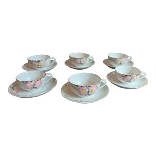 Antique, Early 20th Century Noritake Azalea Porcelain Tea Cups & Saucers, Set of Six For Sale