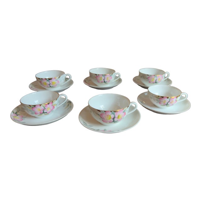 Antique, Early 20th Century Noritake Azalea Porcelain Tea Cups & Saucers, Set of Six For Sale