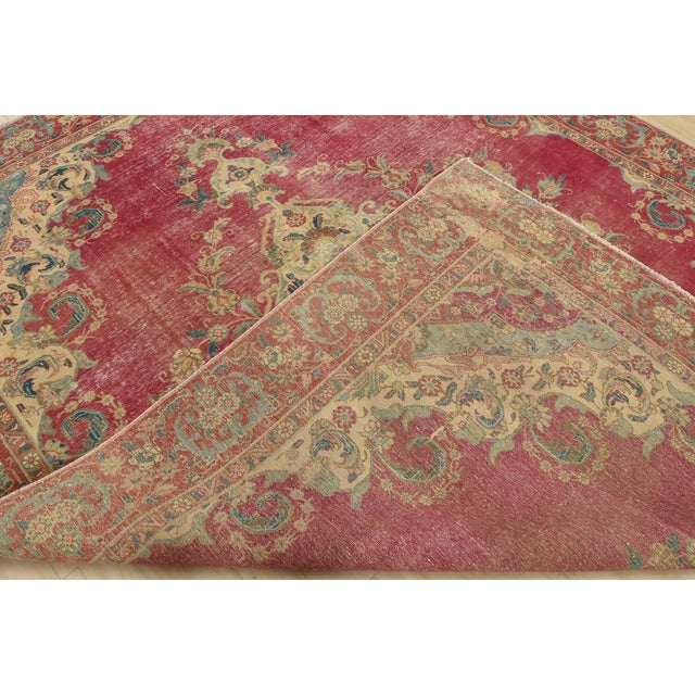 Tabriz Rug 9’5” X 11’9” Pink Wool Vintage Distressed Hand-Knotted Carpet For Sale - Image 14 of 15