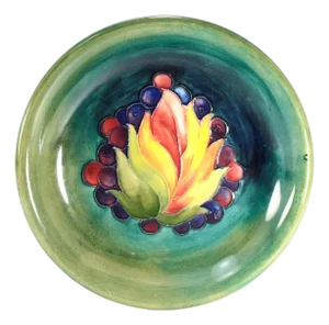 1930's Moorcroft Pottery Flambe Plate Polychrome Leaf and Berry, Green Glaze, England