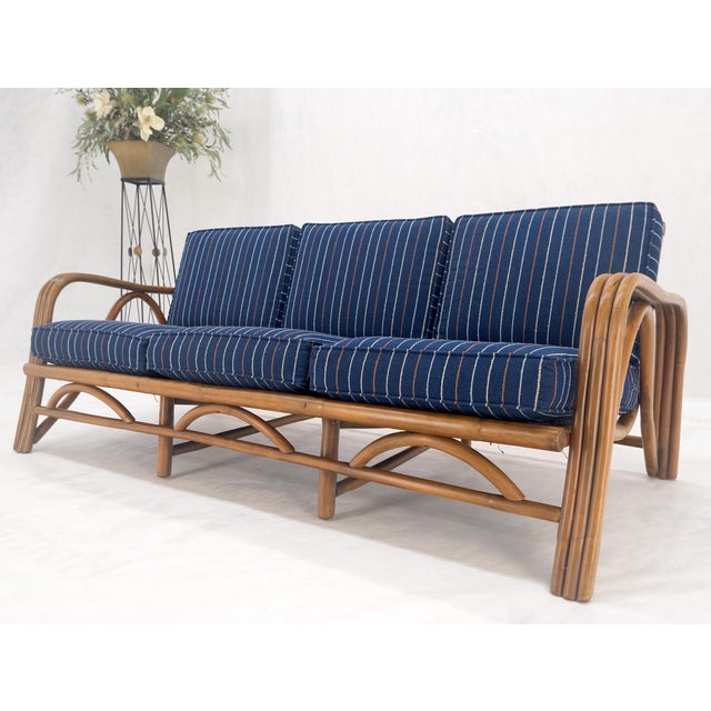 Ficks Reed 1970s Striped Blue Upholstery Bamboo Frame Mid Century Modern Sofa MINT! For Sale - Image 4 of 17