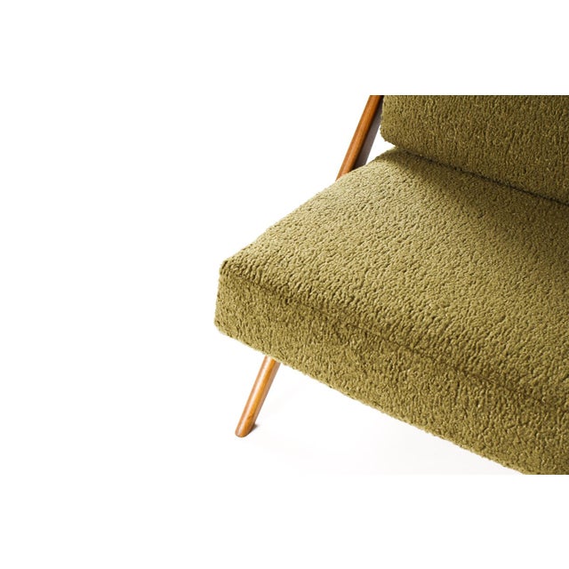 1960s Danish Modern Mid Century Walnut Scissor Lounge Chairs — Folke Ohlsson for Dux — Olive Bouclé For Sale - Image 10 of 11