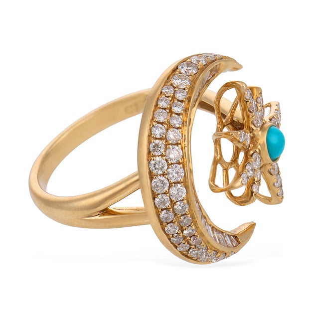 Vintage Turquoise Diamond 14k Yellow Gold Star Crescent Ring, Size 7 For Sale - Image 4 of 6
