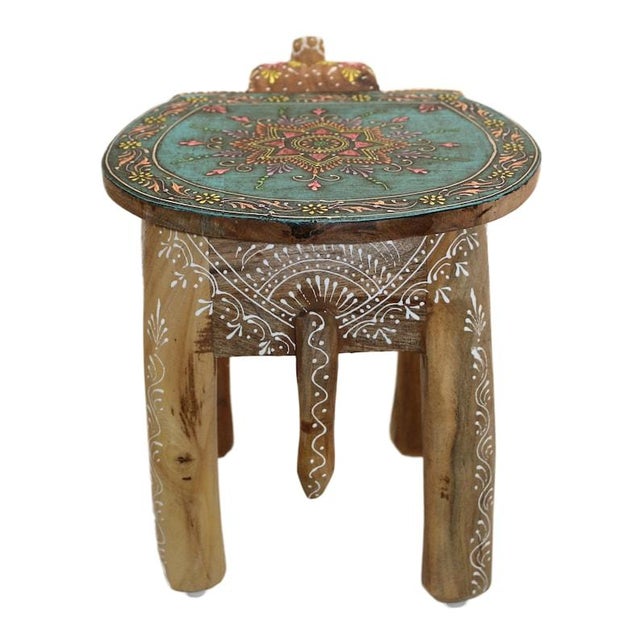 Wood Elephant Stool Mango Wood Handmade With Mandala Painting Plant Stool Decoration For Sale - Image 7 of 10