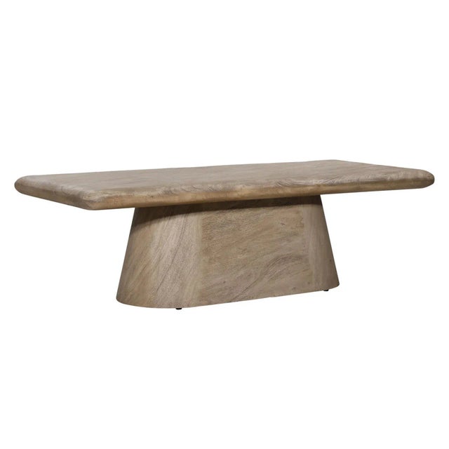Contemporary solid acacia wood coffee table with modern shape and pedestal base. Natural sandblasted finish. Each table...