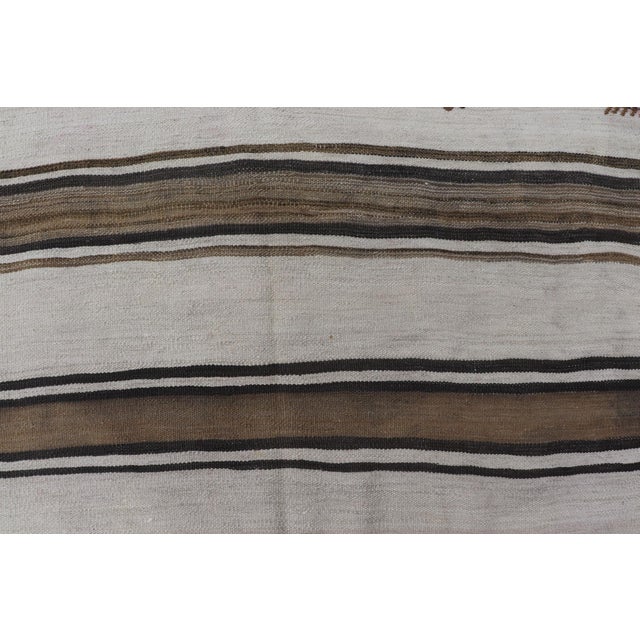 Ivory Vintage Turkish Kilim Rug With Ivory, Brown and Dark Stripe Bands For Sale - Image 8 of 11