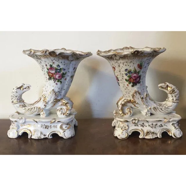 1830 Antique French Empire Porcelain Rhyton Eagle Head & Cornucopia Mantel Vases - A Pair For Sale - Image 11 of 13