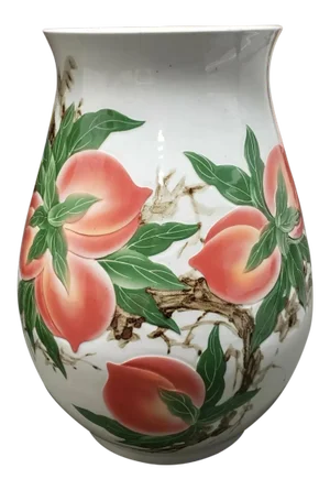 Vintage Circa 1970 Chinese Molded Porcelain Nine Peaches Motif Bulbous Floor Vase