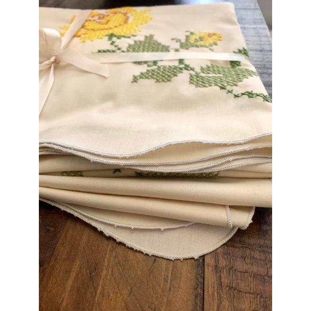 Linen Vintage 1970’s Handmade Cross Stitch Floral Embroidered Tablecloth For Sale - Image 8 of 12
