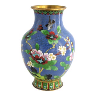 VTG Chinese Cloisonne Vase Cobalt Blue Bird Peony Floral Chinoiserie, 10.25” T For Sale