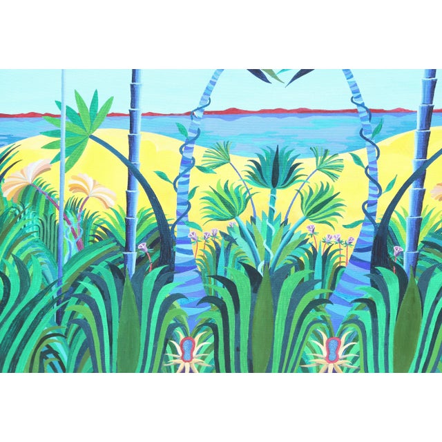 Unknown and unsigned painting of a bright beach scene with bold colors and 1980's inspired shapes. Image Size: 47.5 x 35.5...