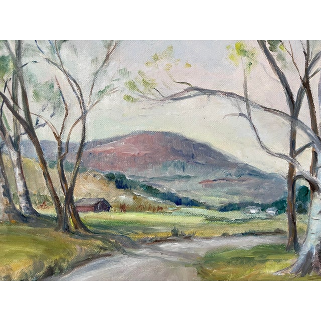 Original Vintage Oil Painting. Landscape, Birch Trees, and Barn with a mountain in the background. Signed E. S. This is a...