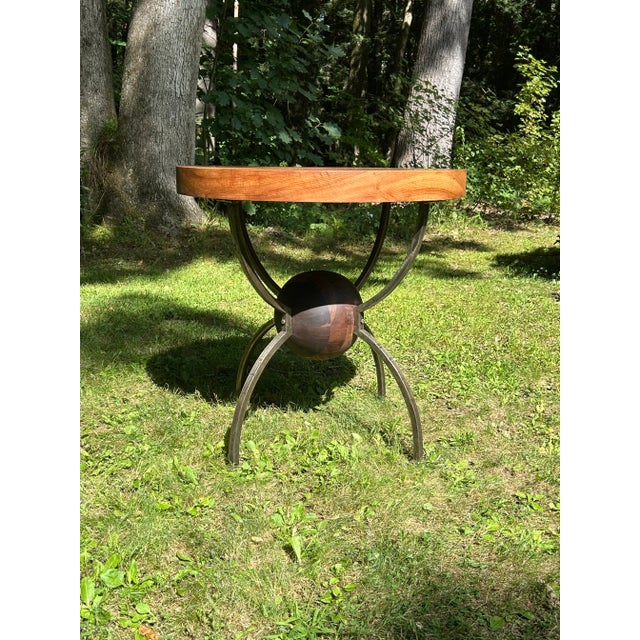 Round English Elm Top with Custom Made Base and Hand Turned Claro Walnut Sphere