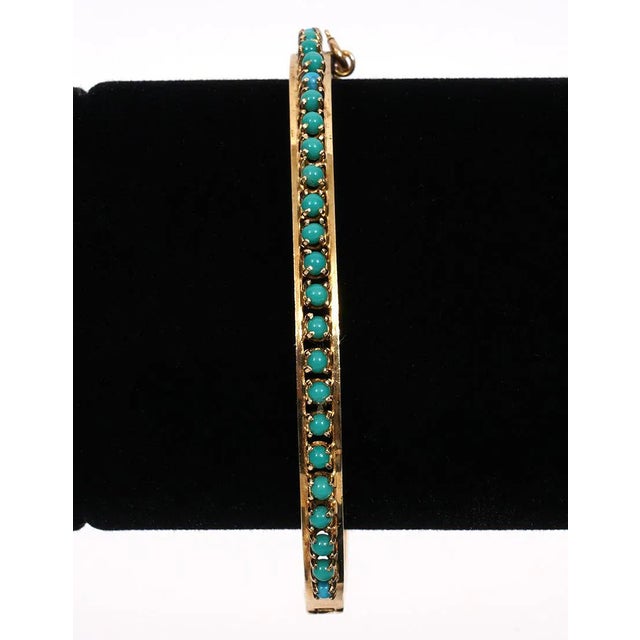 1950s 14k Turquoise Bangle Bracelet Yellow Gold Bead Vintage Opens Hinged For Sale In Los Angeles - Image 6 of 11
